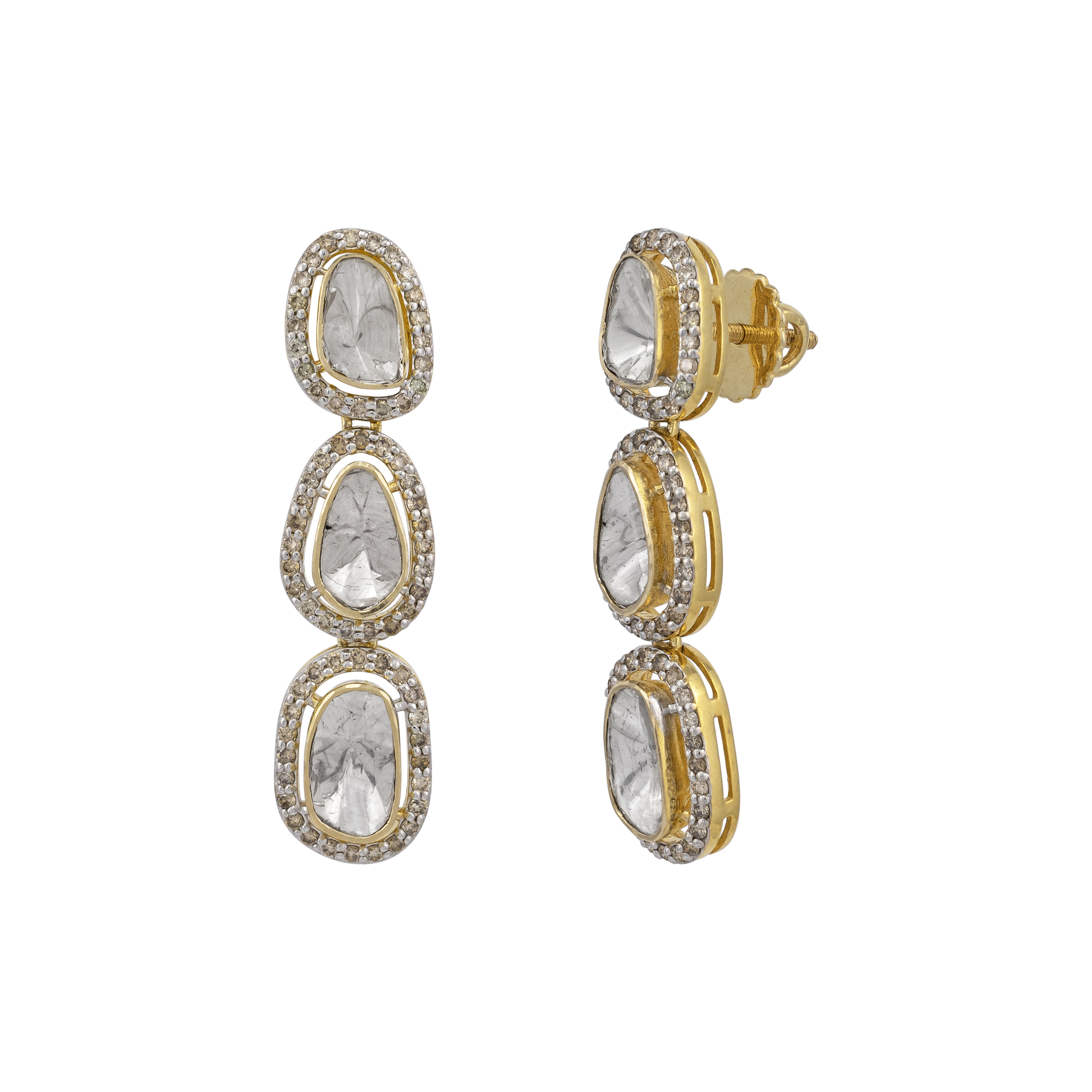 Tri-Tier Polki Earring with Full-Cut Diamond Halo Borders
